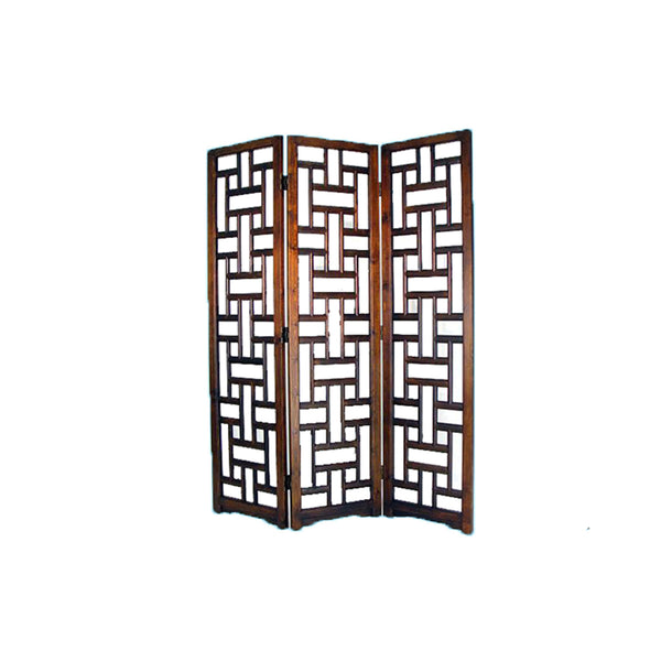 Wooden 3 Panel Room Divider with Cut Out Rectangle Pattern, Brown