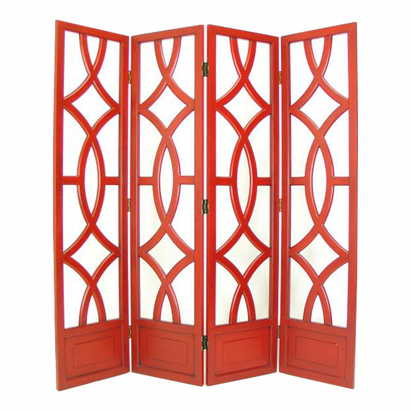 Wooden 4 Panel Room Divider with Open Geometric Design, Red-zoom-