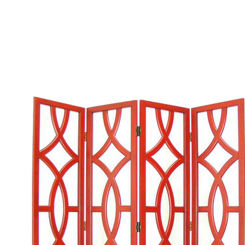 Wooden 4 Panel Room Divider with Open Geometric Design, Red-zoom-