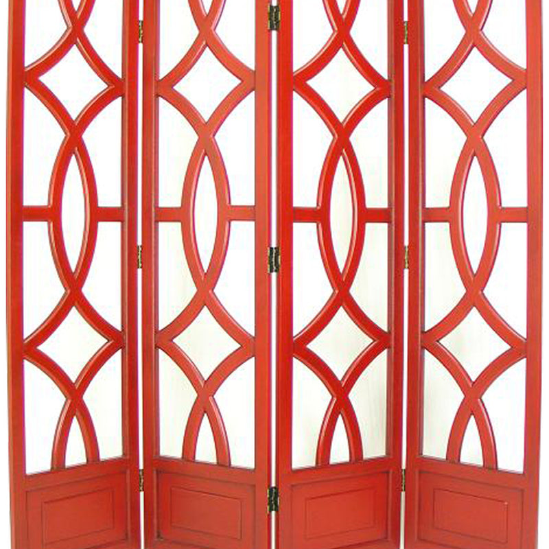 Wooden 4 Panel Room Divider with Open Geometric Design, Red-zoom-