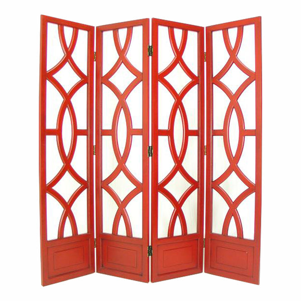 Wooden 4 Panel Room Divider with Open Geometric Design, Red