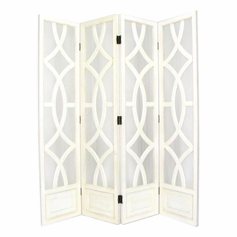 Wooden 4 Panel Room Divider with Open Geometric Design, White-zoom-