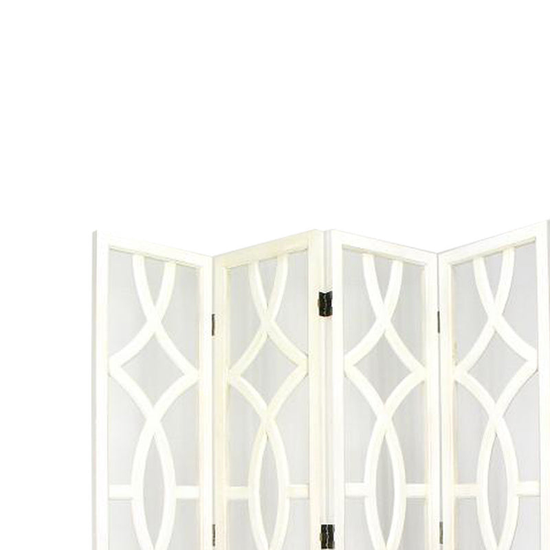 Wooden 4 Panel Room Divider with Open Geometric Design, White-zoom-