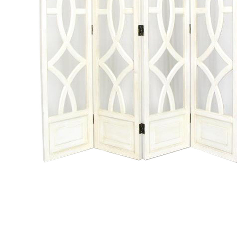 Wooden 4 Panel Room Divider with Open Geometric Design, White-zoom-