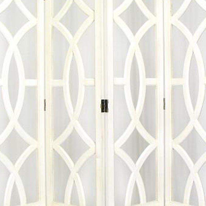 Wooden 4 Panel Room Divider with Open Geometric Design, White-zoom-