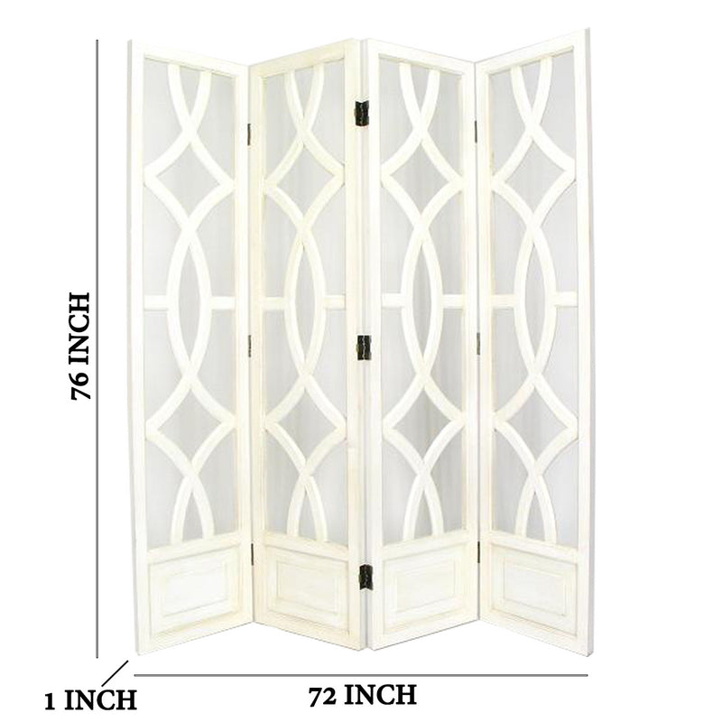 Wooden 4 Panel Room Divider with Open Geometric Design, White-zoom-
