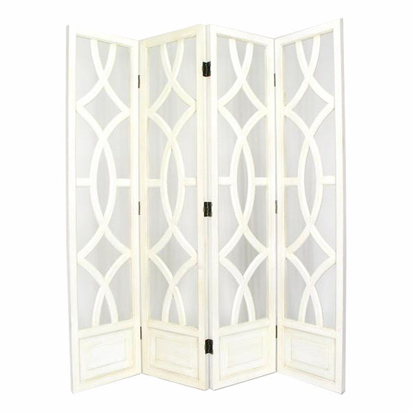 Wooden 4 Panel Room Divider with Open Geometric Design, White