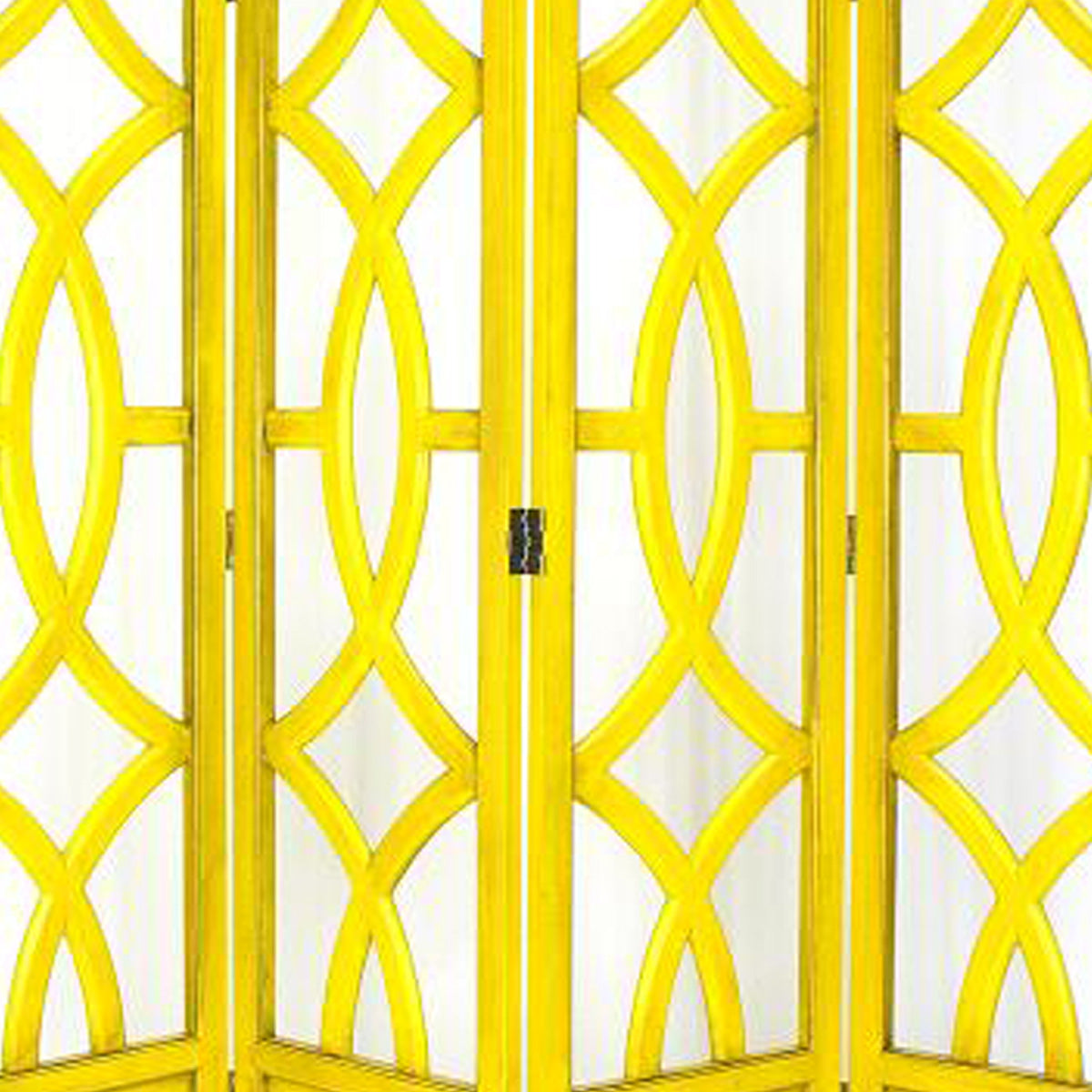 Wooden 4 Panel Room Divider with Open Geometric Design, Yellow-zoom-4