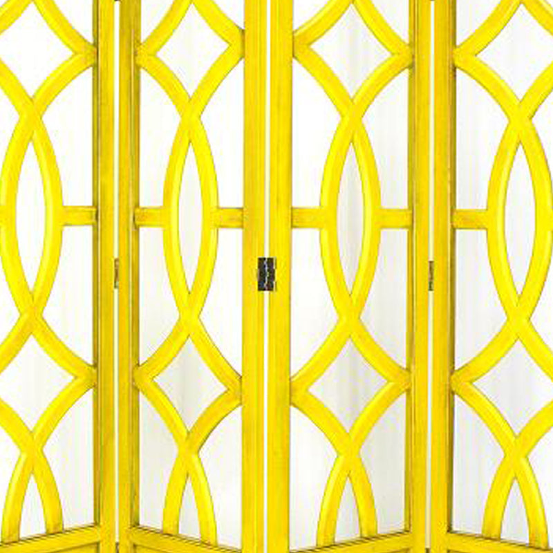 Wooden 4 Panel Room Divider with Open Geometric Design, Yellow-zoom-