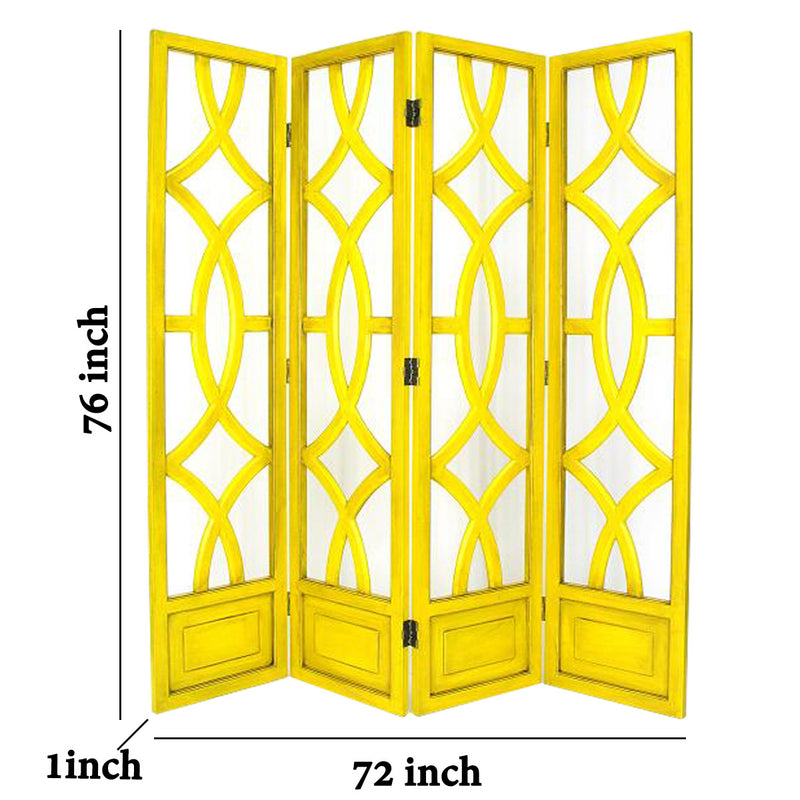 Wooden 4 Panel Room Divider with Open Geometric Design, Yellow-zoom-