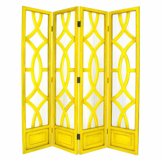Wooden 4 Panel Room Divider with Open Geometric Design, Yellow