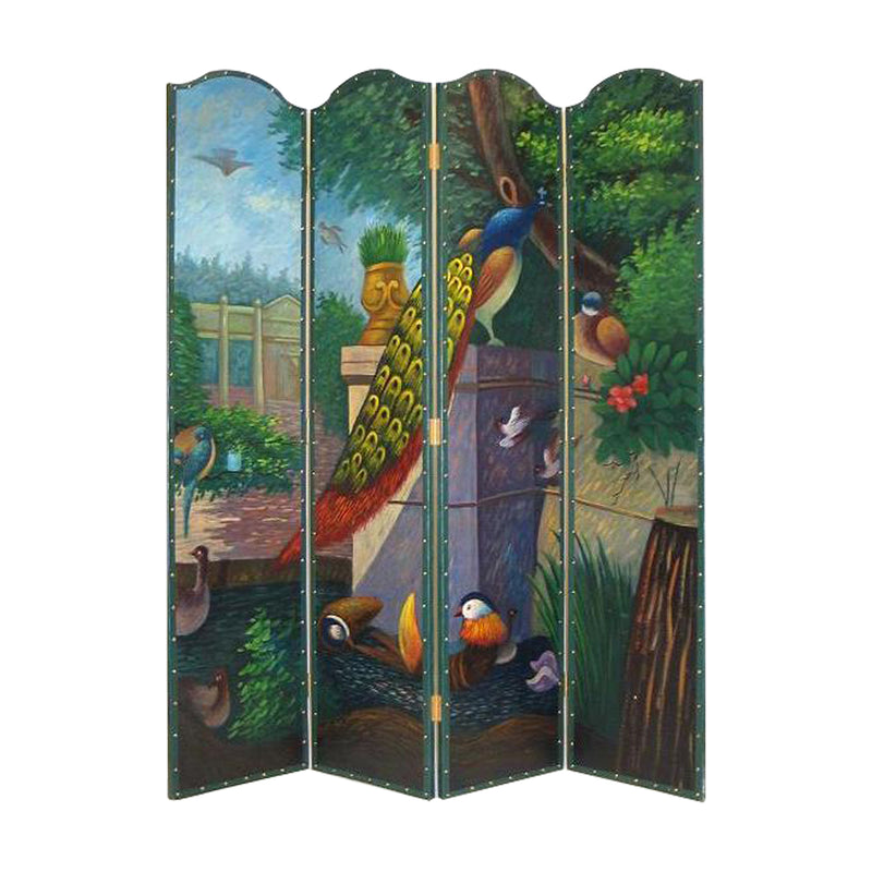 Leatherette Wooden 4 Panel Room Divider with Peacock Motif, Multicolor-zoom-