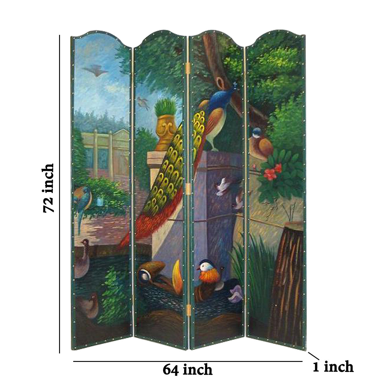 Leatherette Wooden 4 Panel Room Divider with Peacock Motif, Multicolor-zoom-5