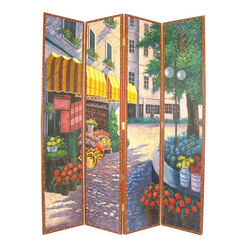 Leatherette Wooden 4 Panel Room Divider with Flower Market Theme,Multicolor-zoom-