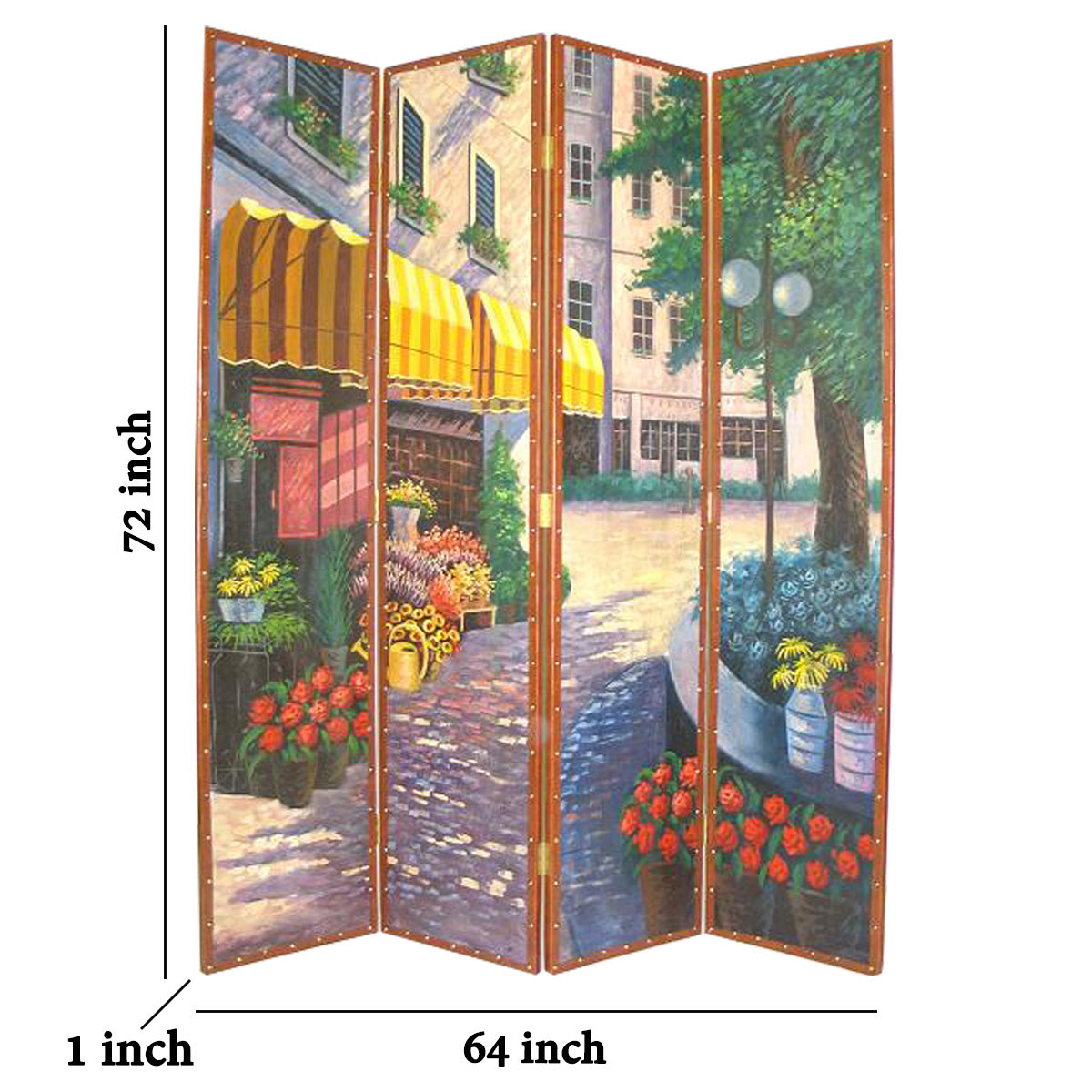 Leatherette Wooden 4 Panel Room Divider with Flower Market Theme,Multicolor-zoom-5
