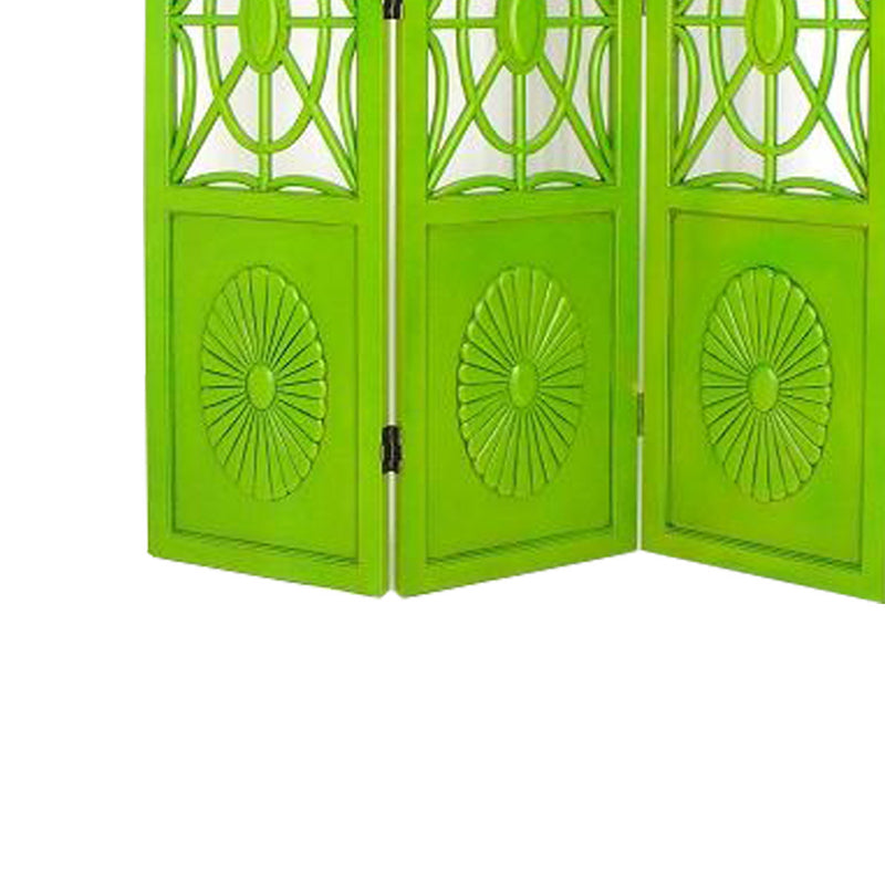 Wooden 3 Panel Room Divider with Open Geometric Design, Green-zoom-