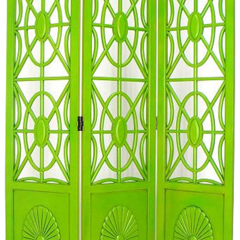 Wooden 3 Panel Room Divider with Open Geometric Design, Green-zoom-