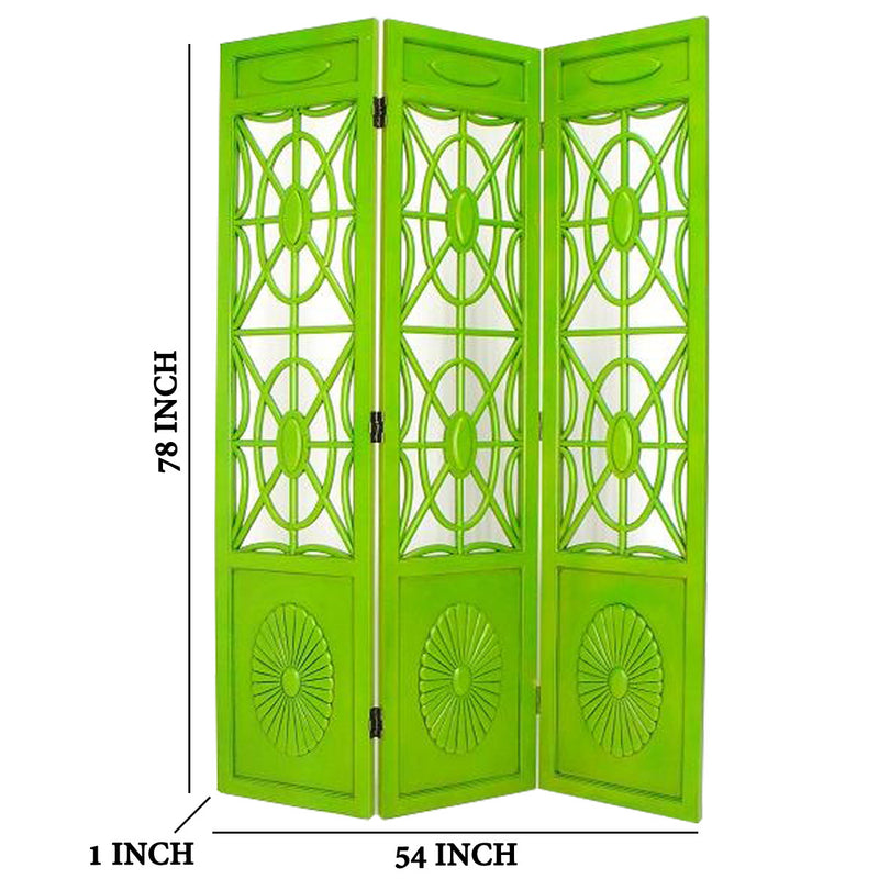 Wooden 3 Panel Room Divider with Open Geometric Design, Green-zoom-