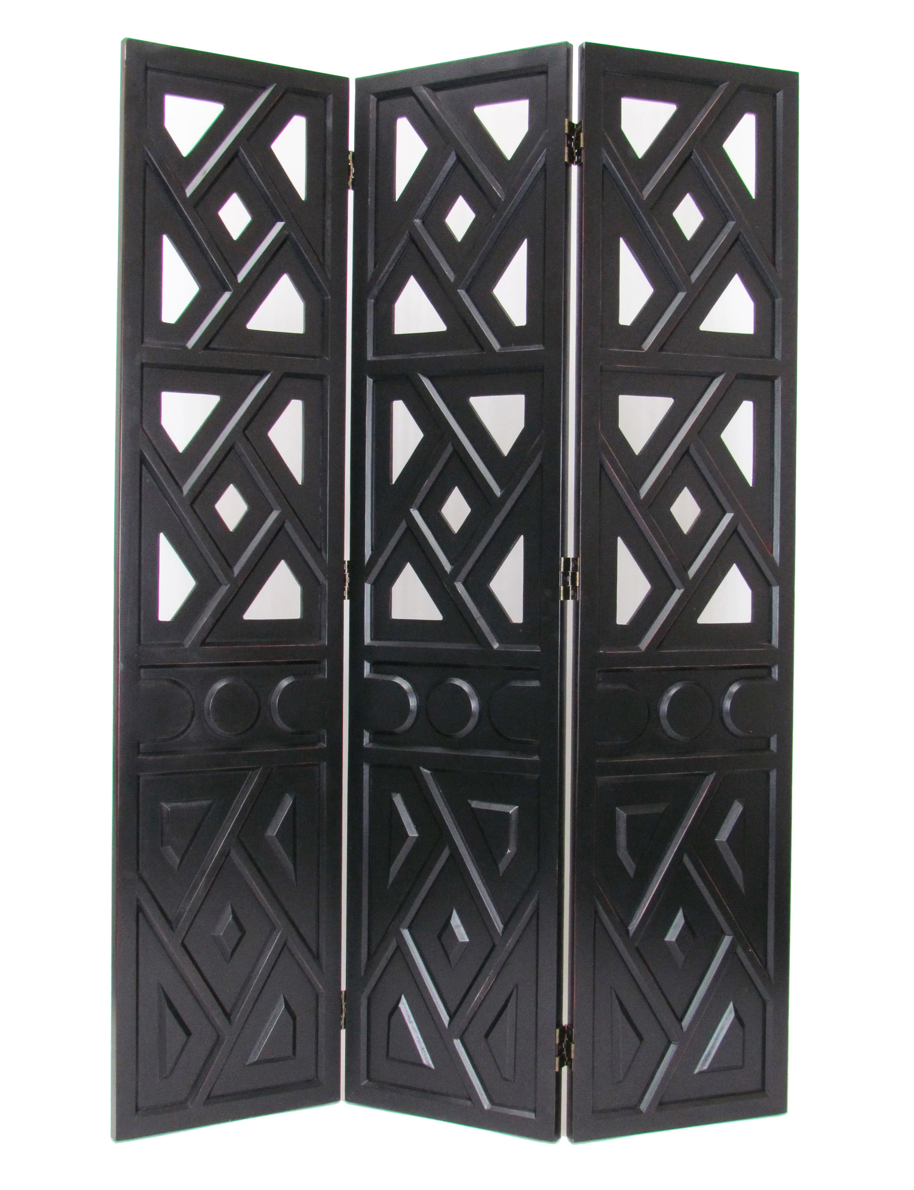 Wooden 3 Panel Room Divider with Geometric Design, Black-zoom-1