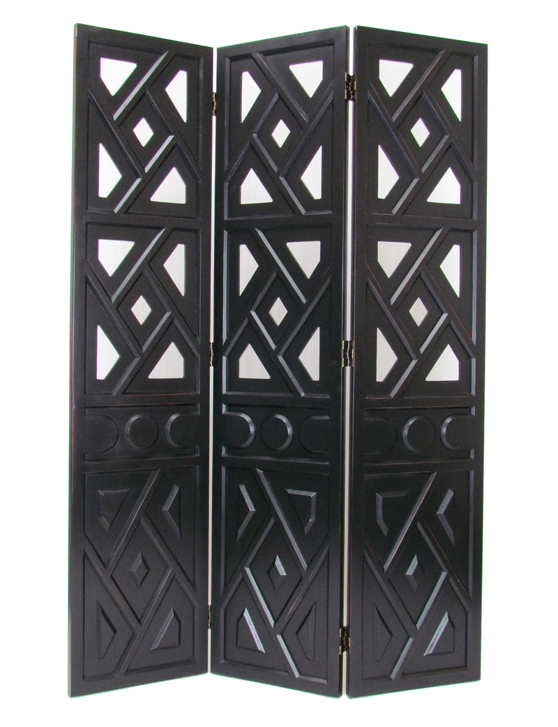 Wooden 3 Panel Room Divider with Geometric Design, Black-zoom-
