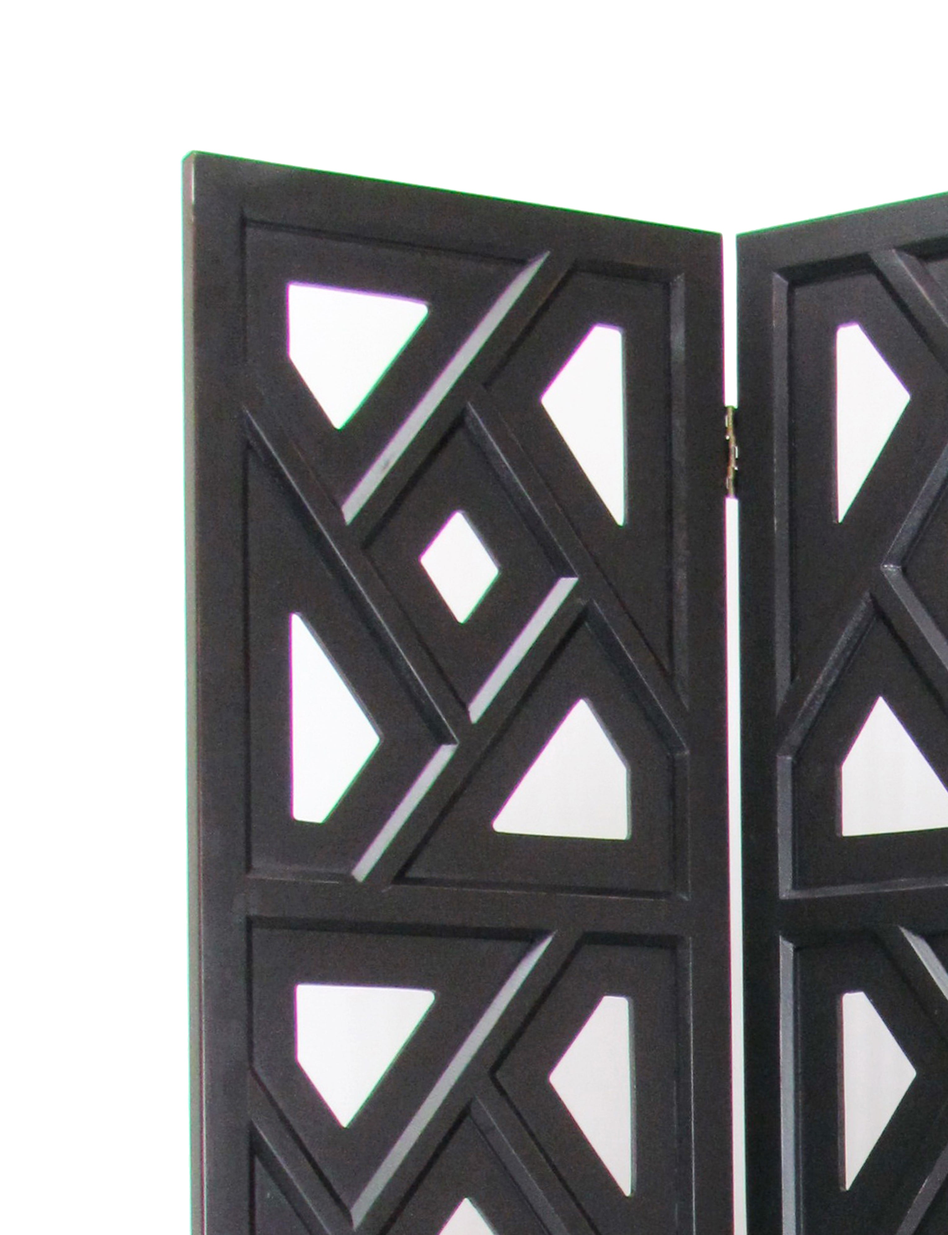 Wooden 3 Panel Room Divider with Geometric Design, Black-zoom-2