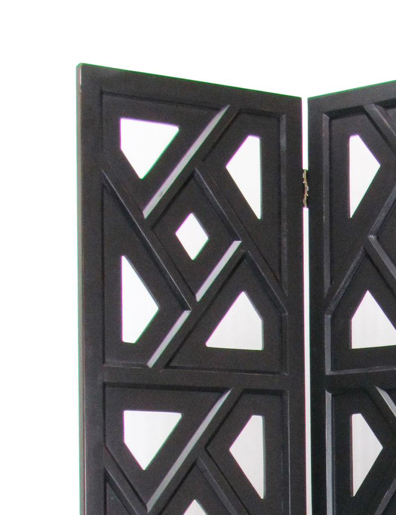 Wooden 3 Panel Room Divider with Geometric Design, Black-zoom-