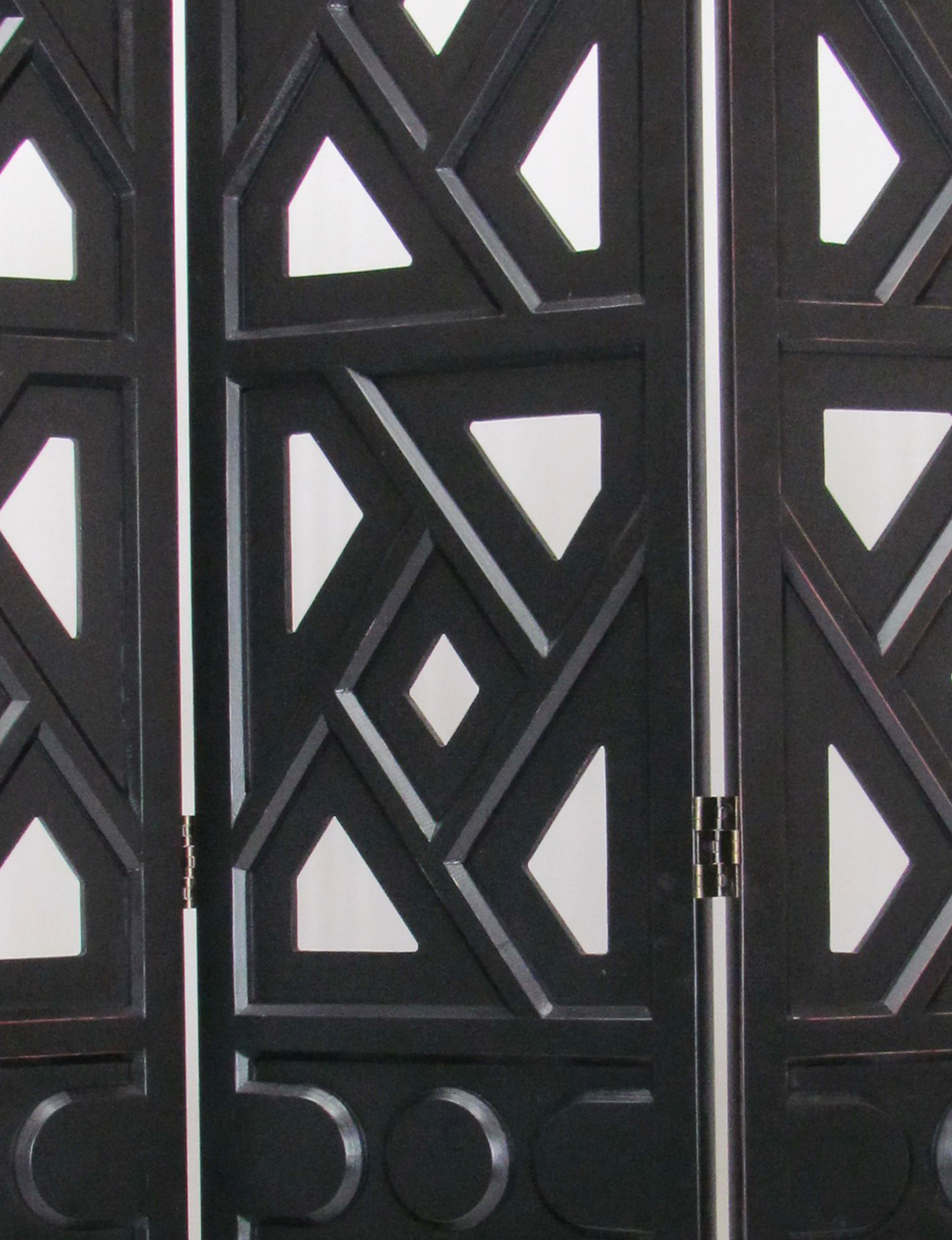 Wooden 3 Panel Room Divider with Geometric Design, Black-zoom-3