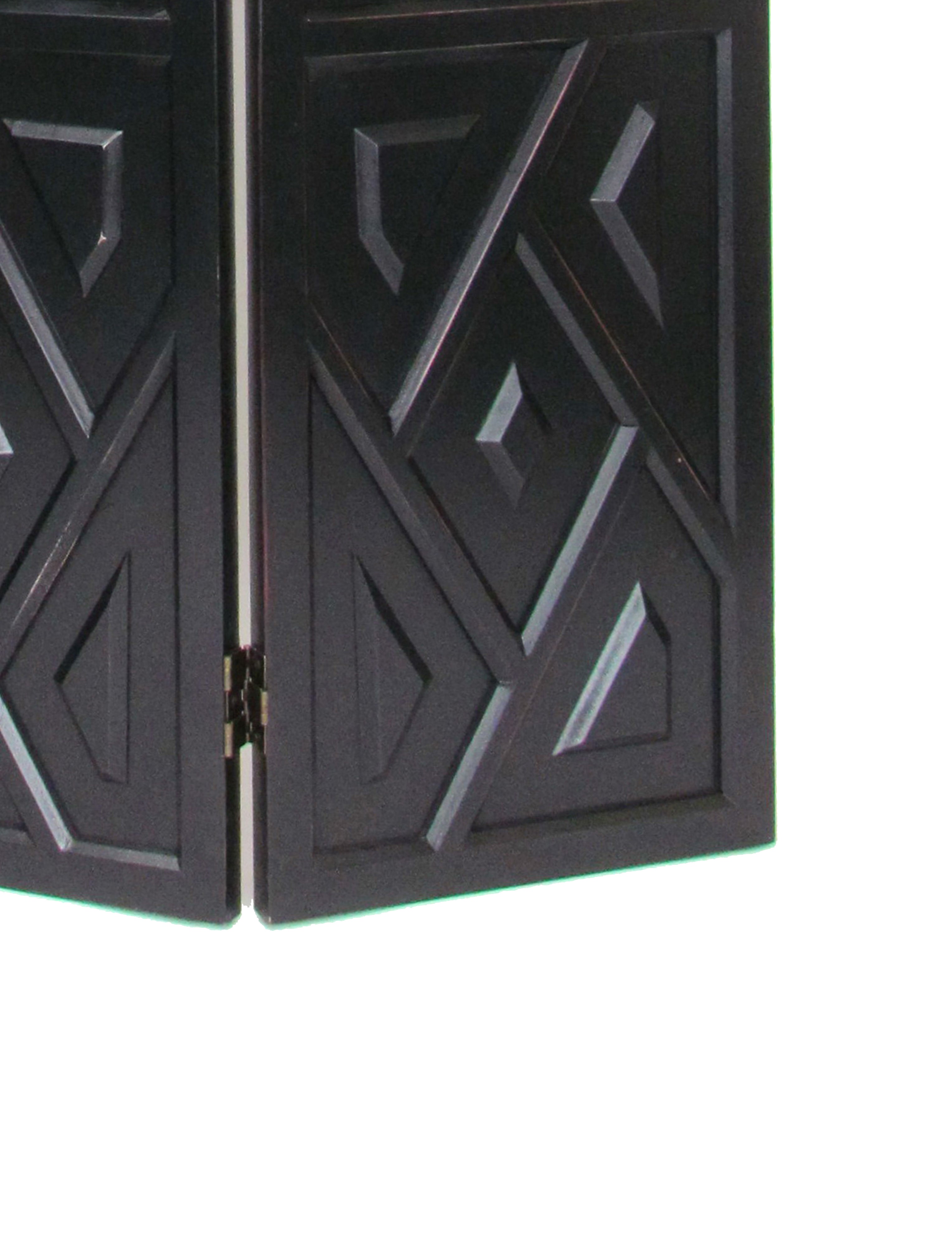 Wooden 3 Panel Room Divider with Geometric Design, Black-zoom-4