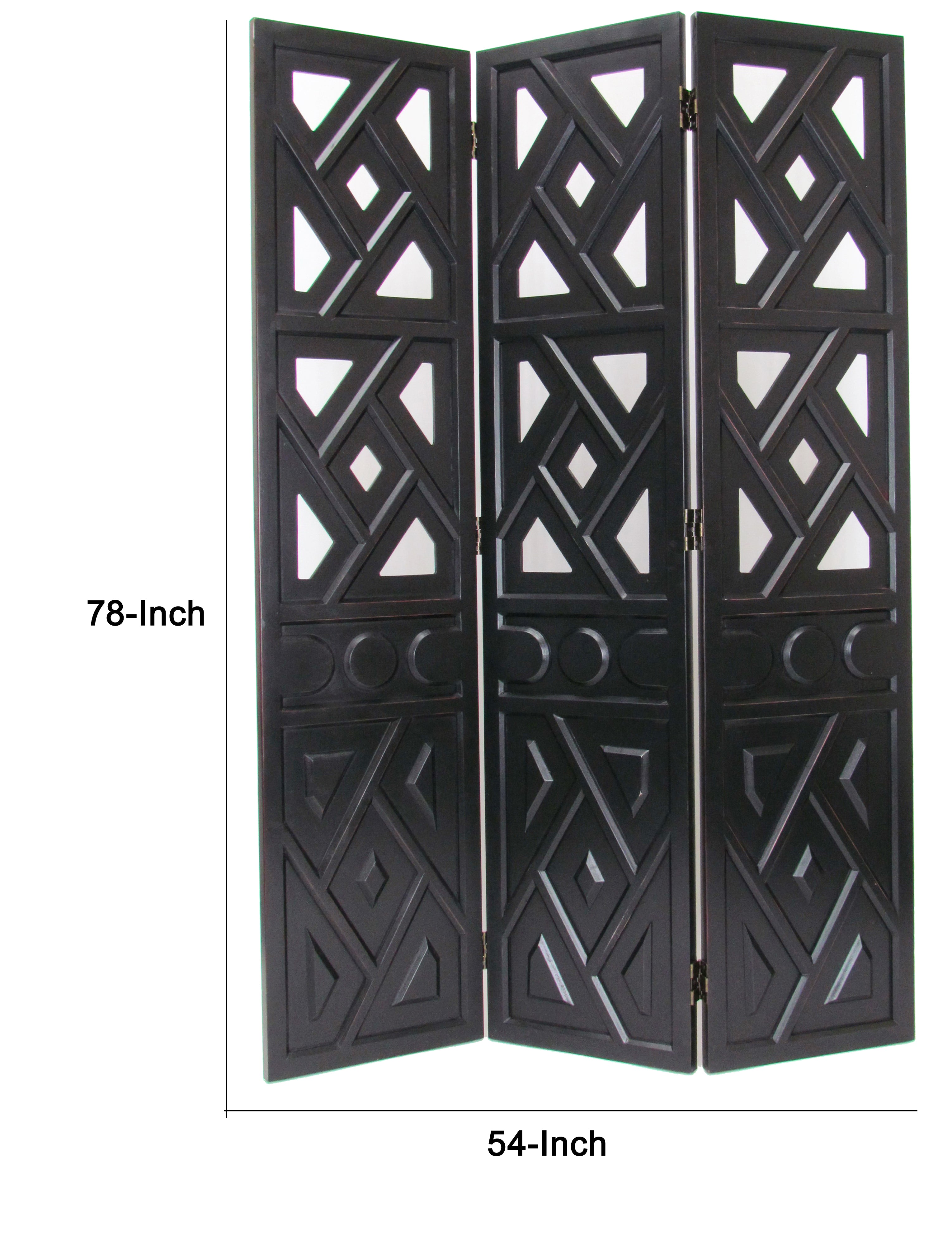 Wooden 3 Panel Room Divider with Geometric Design, Black-zoom-5