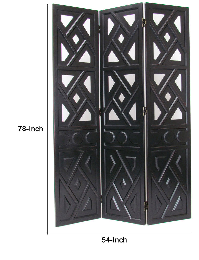 Wooden 3 Panel Room Divider with Geometric Design, Black-zoom-