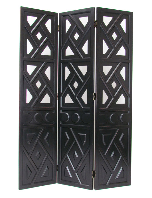 Wooden 3 Panel Room Divider with Geometric Design, Black