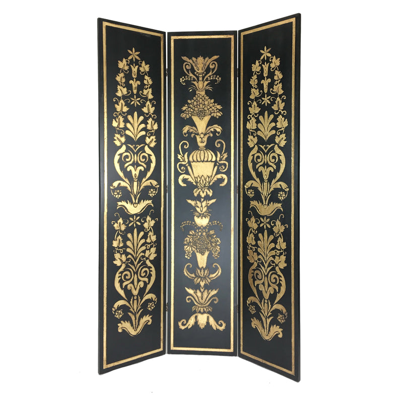 Wooden Double Sided 3 Panel Room Divider with Motifs, Multicolor-zoom-