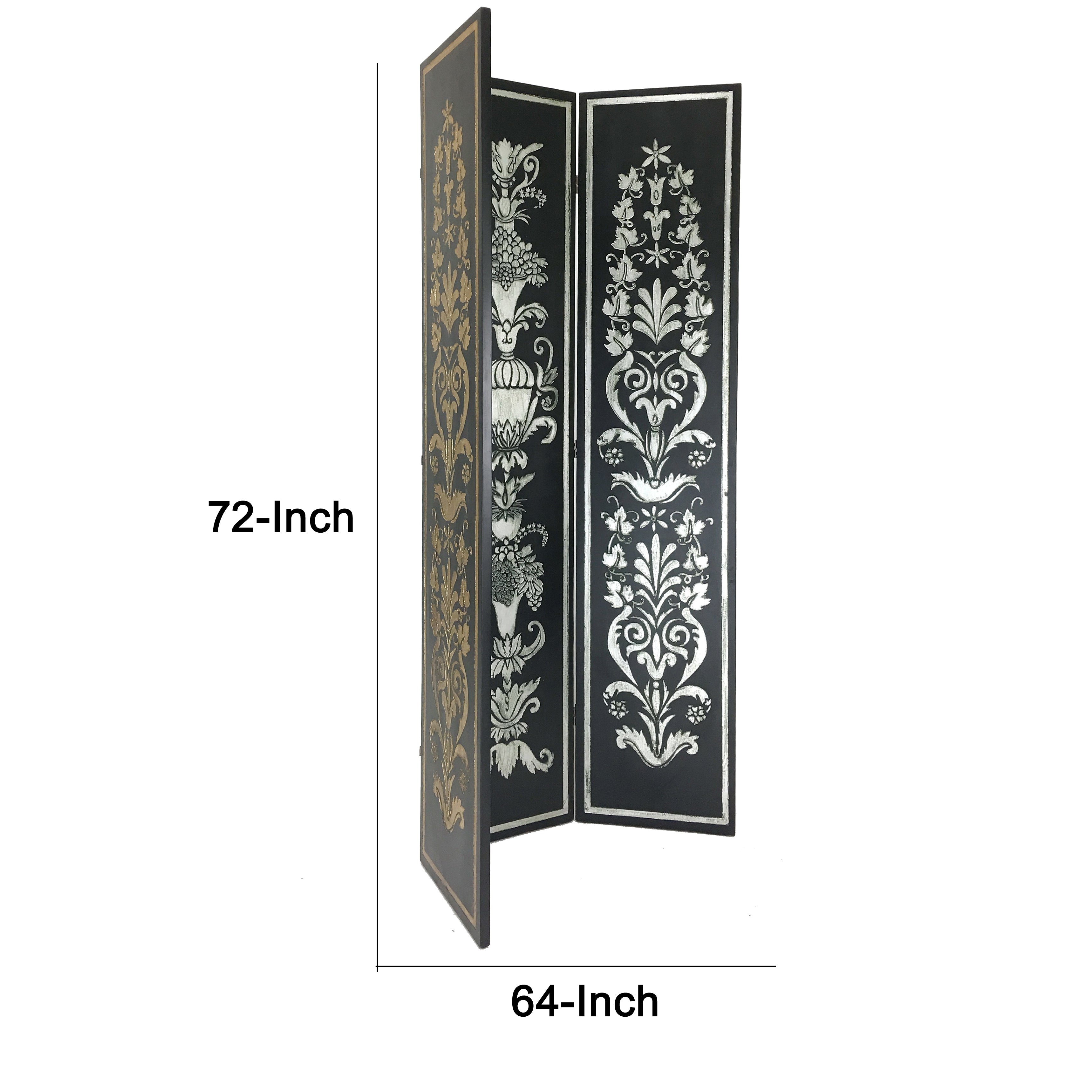 Wooden Double Sided 3 Panel Room Divider with Motifs, Multicolor-zoom-5