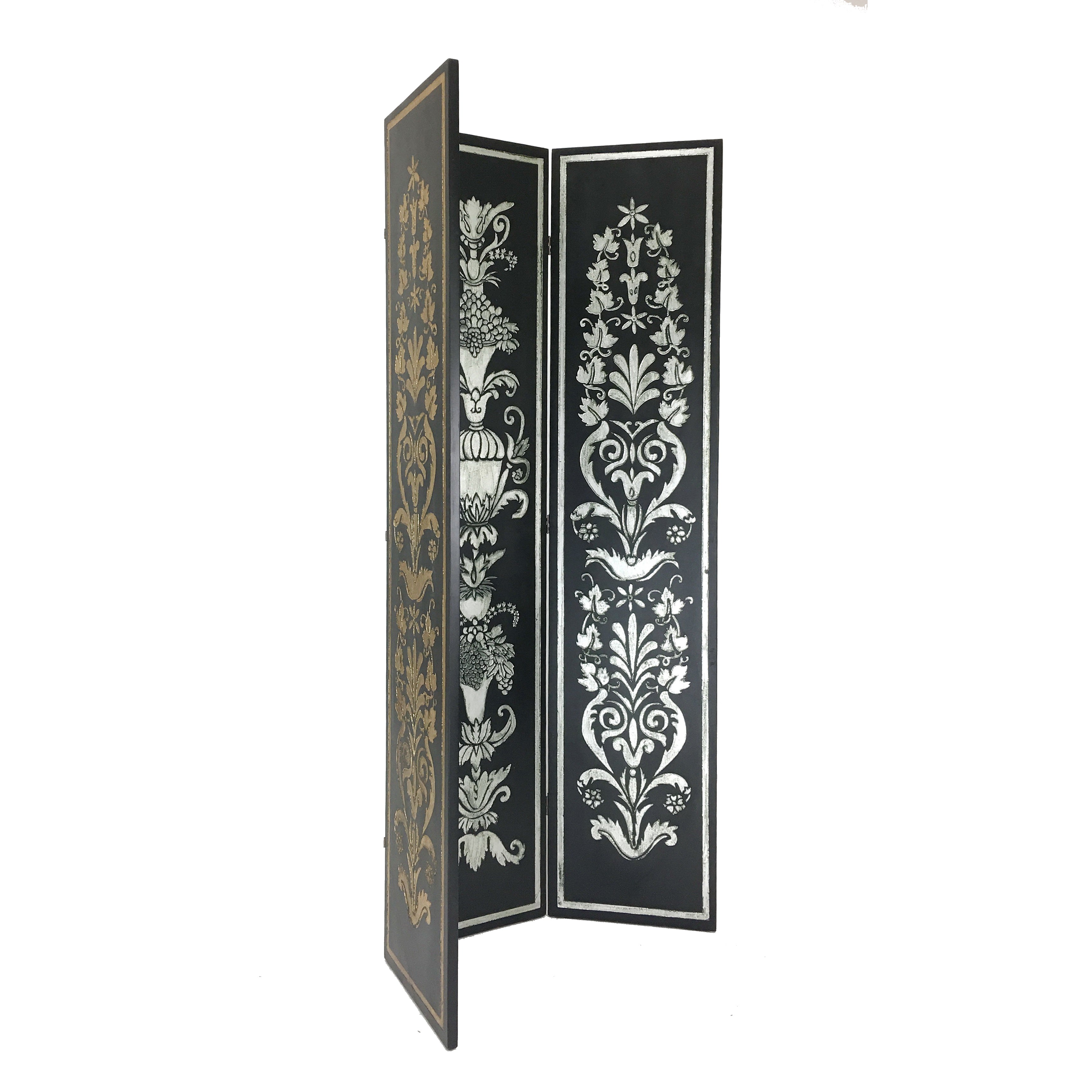 Wooden Double Sided 3 Panel Room Divider with Motifs, Multicolor-zoom-2