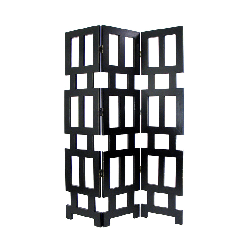 Wooden 3 Panel Room Divider with Rectangular Cut Outs, Black-zoom-