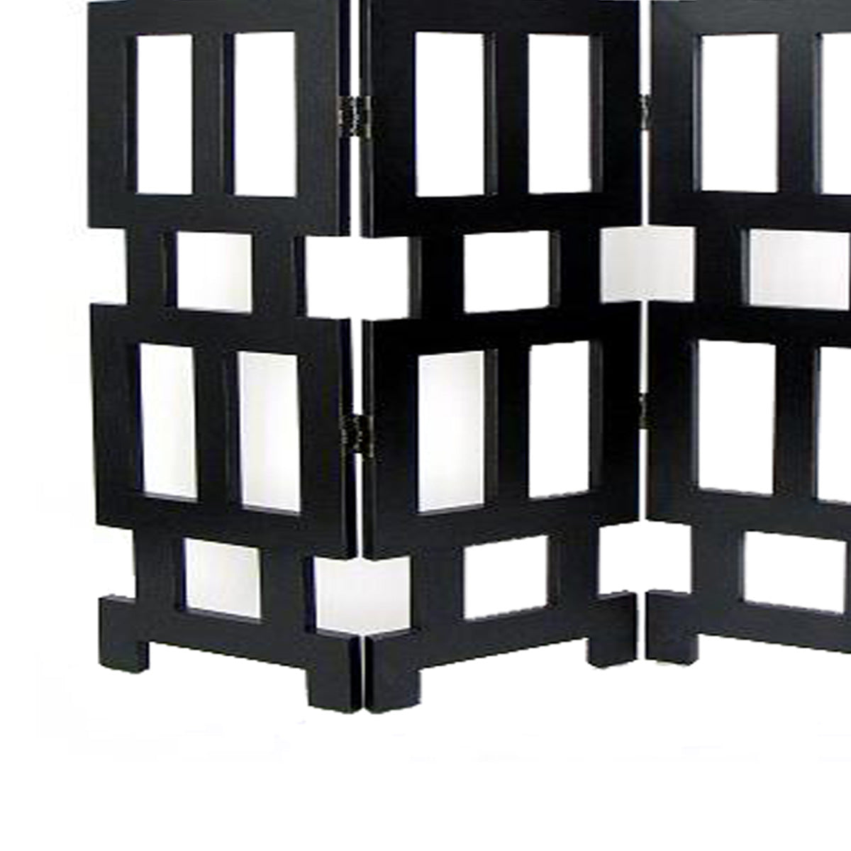 Wooden 3 Panel Room Divider with Rectangular Cut Outs, Black-zoom-3