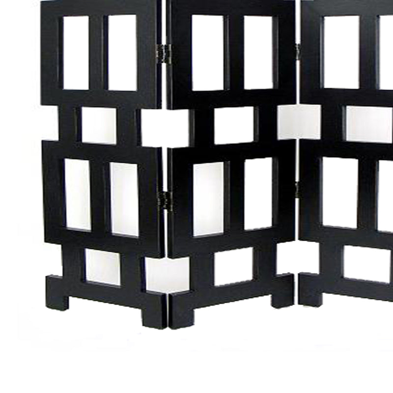 Wooden 3 Panel Room Divider with Rectangular Cut Outs, Black-zoom-
