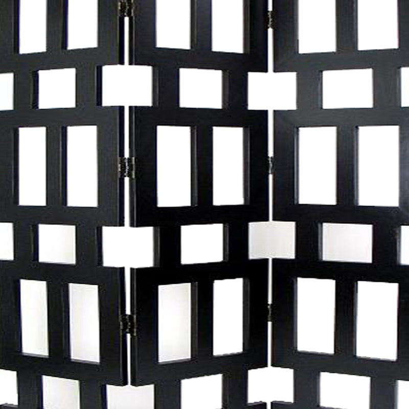 Wooden 3 Panel Room Divider with Rectangular Cut Outs, Black-zoom-