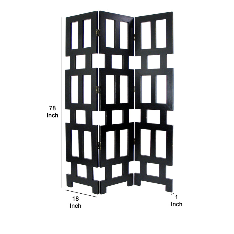 Wooden 3 Panel Room Divider with Rectangular Cut Outs, Black-zoom-