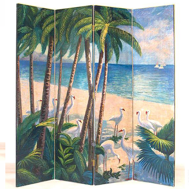 Wooden 4 Panel Room Divider with Beach Print, Multicolor-zoom-