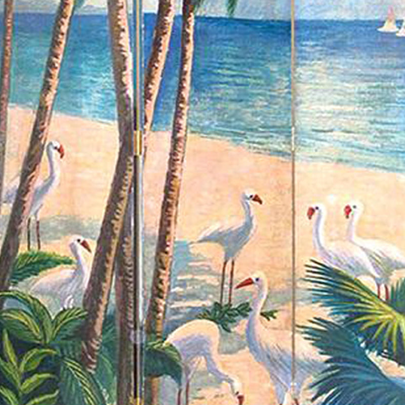 Wooden 4 Panel Room Divider with Beach Print, Multicolor-zoom-