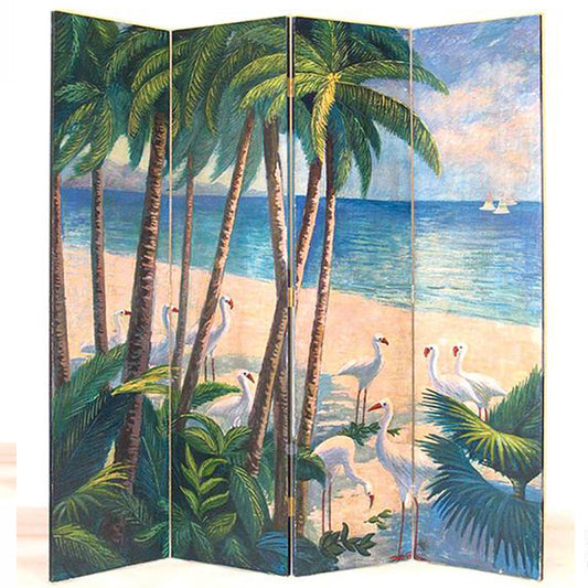 Wooden 4 Panel Room Divider with Beach Print, Multicolor
