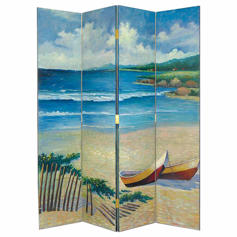 Wooden 4 Panel Room Divider with Coastal Print, Multicolor-zoom-