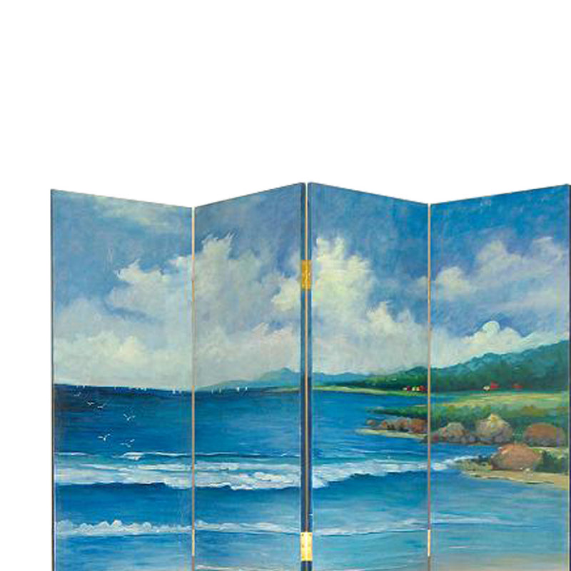 Wooden 4 Panel Room Divider with Coastal Print, Multicolor-zoom-