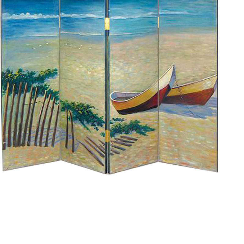 Wooden 4 Panel Room Divider with Coastal Print, Multicolor-zoom-