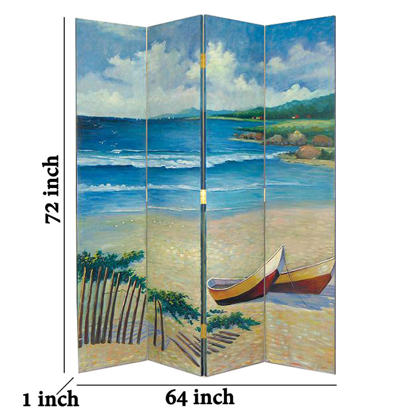 Wooden 4 Panel Room Divider with Coastal Print, Multicolor-zoom-