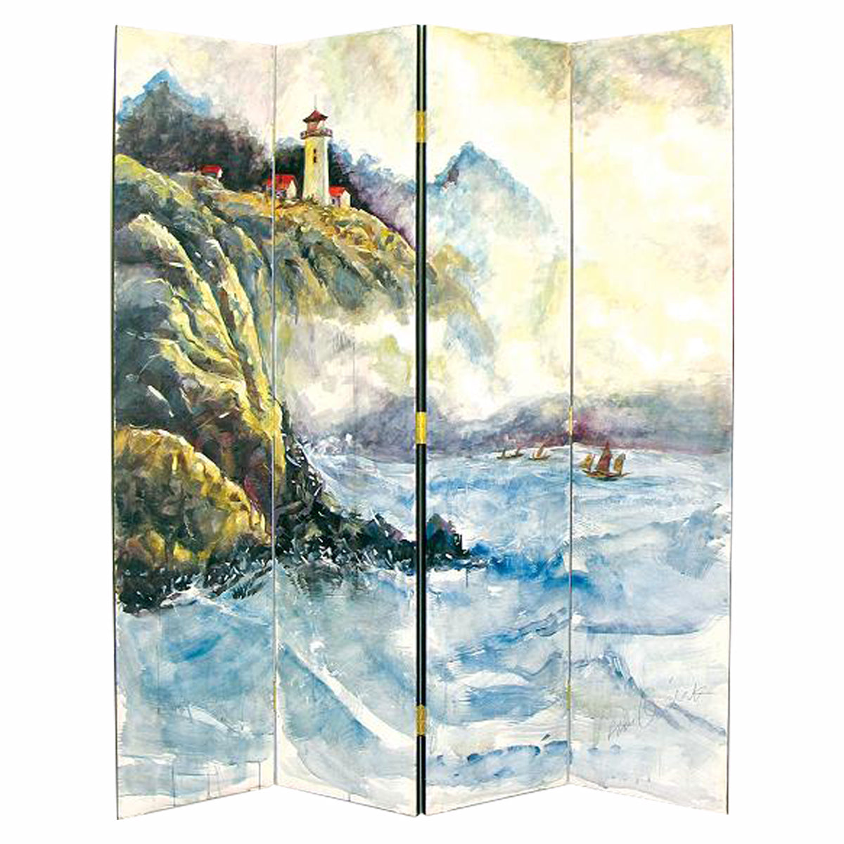 Wooden 4 Panel Room Divider with Landscape Scene, Multicolor-zoom-1