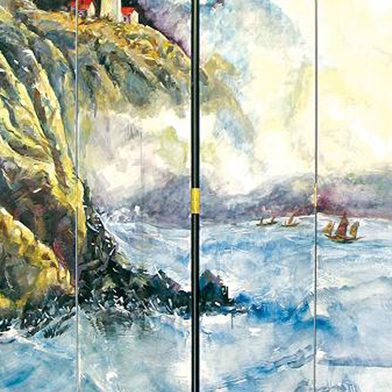 Wooden 4 Panel Room Divider with Landscape Scene, Multicolor-zoom-