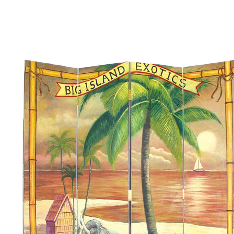Wooden 4 Panel Room Divider with Ocean and Beach Scene, Multicolor-zoom-