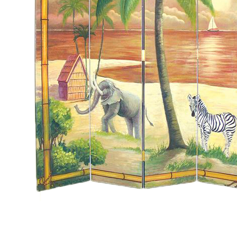 Wooden 4 Panel Room Divider with Ocean and Beach Scene, Multicolor-zoom-
